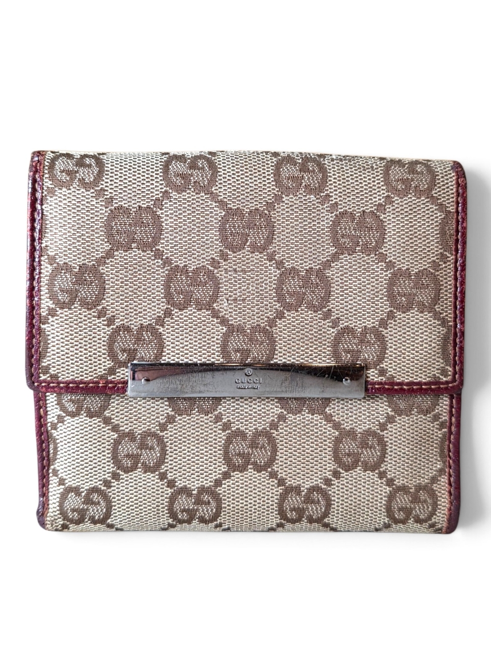 Gucci Beige Monogram Wallet with Burgundy Trim and Metal Plate